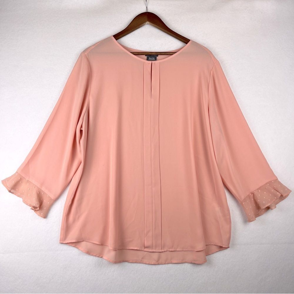 Van Heusen Semi-Sheer Peach Long Sleeve‎ Shirt Swiss Dot Ruffle Sleeves Size XL